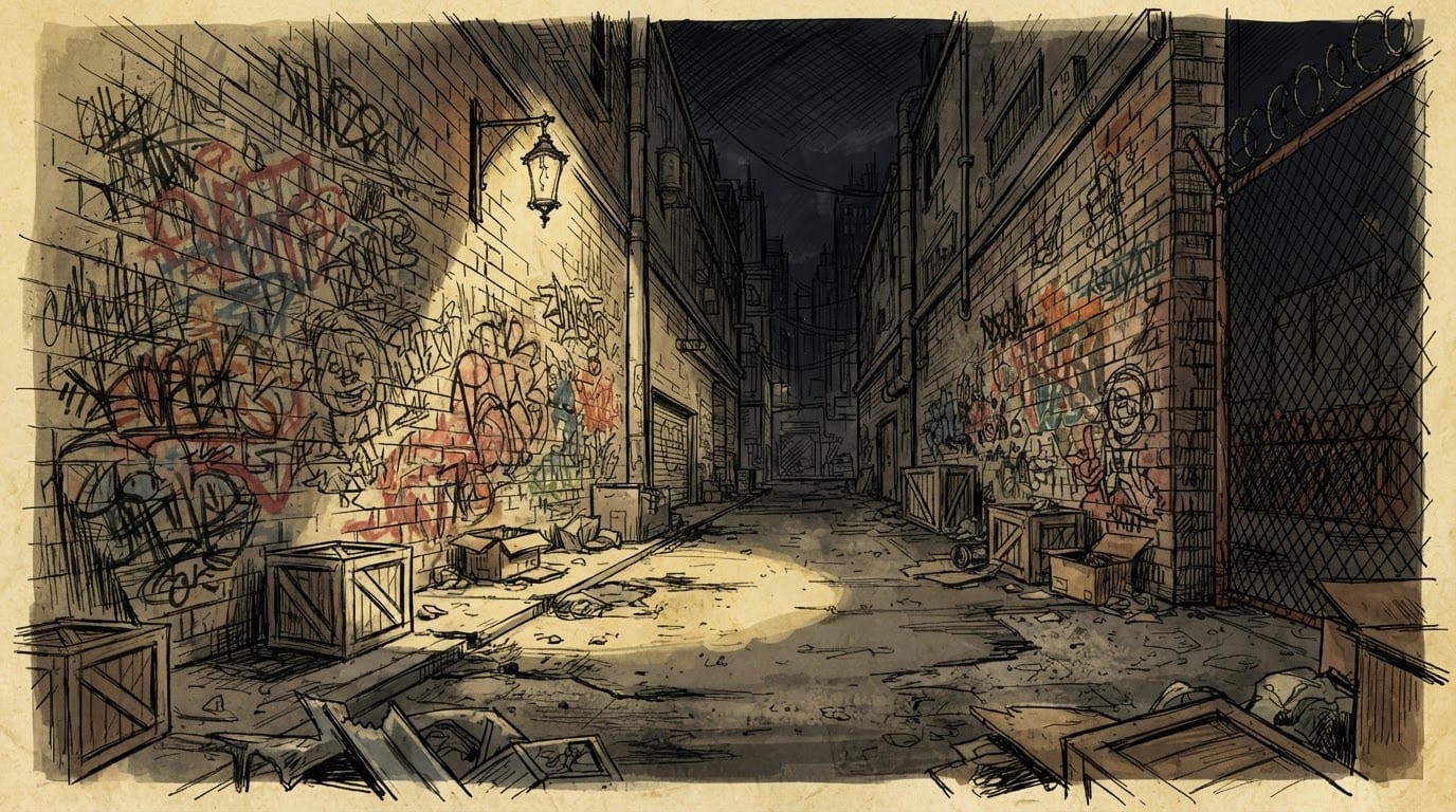 Beco pichado à noite