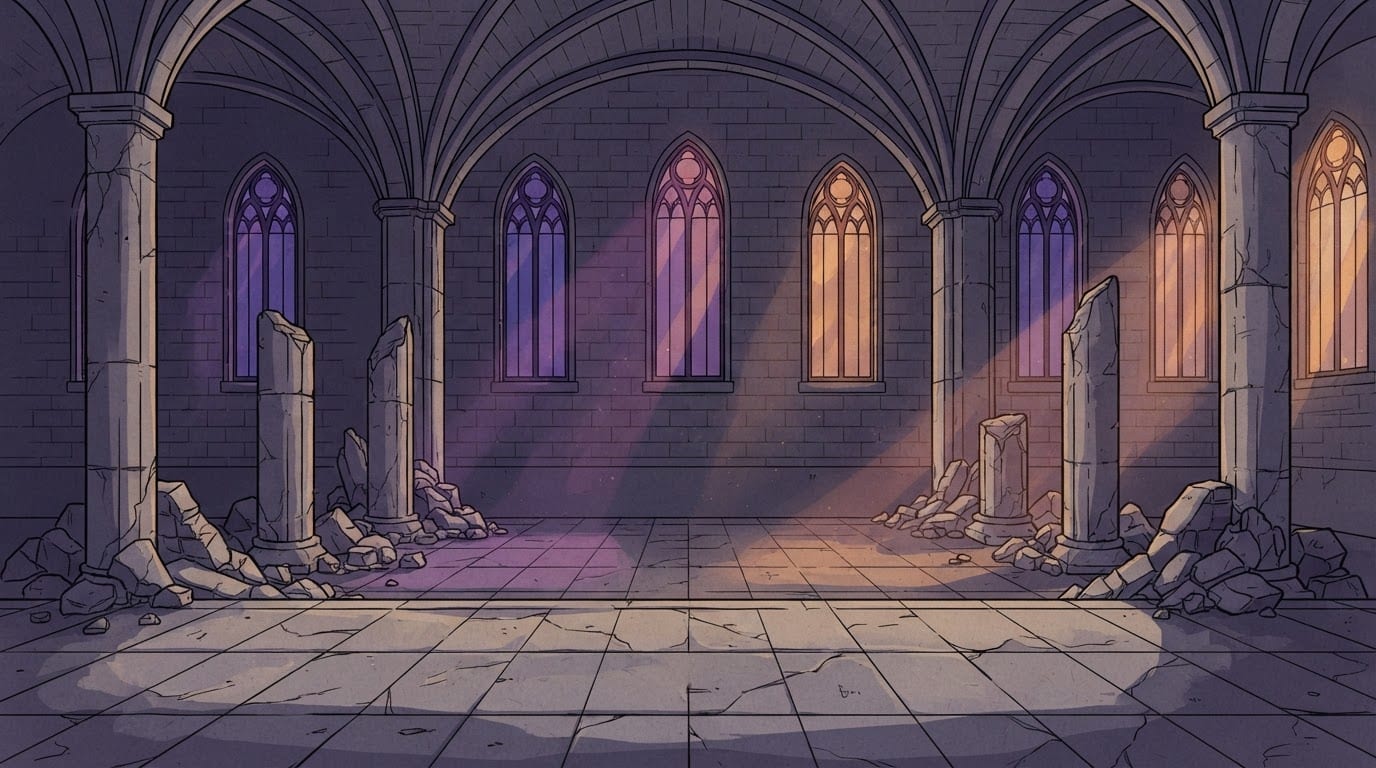 A crumbling stone castle hall