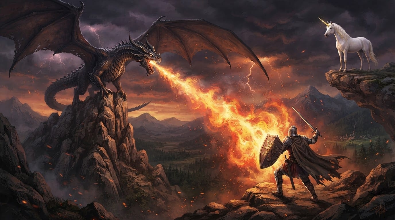 Dragon, knight and unicorn