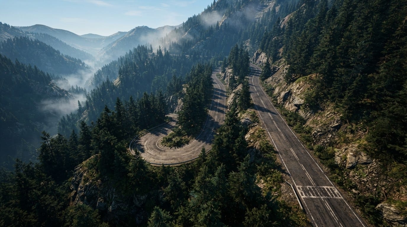 Misty forested mountain pass