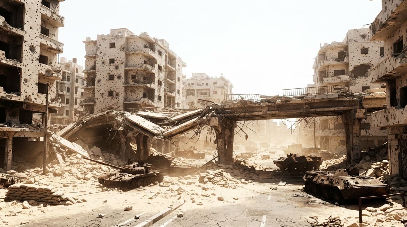 Scorched city ruins