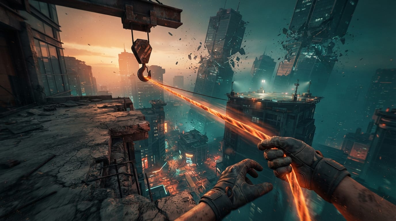 Swing across collapsing skyscrapers