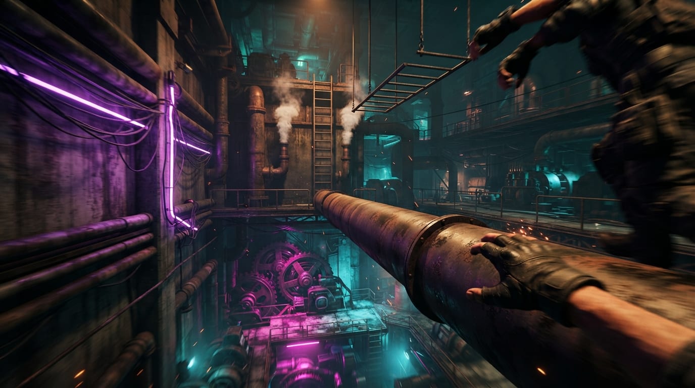 Wall-run through a neon factory