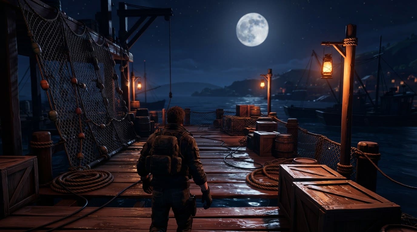 Busy harbor dock at night