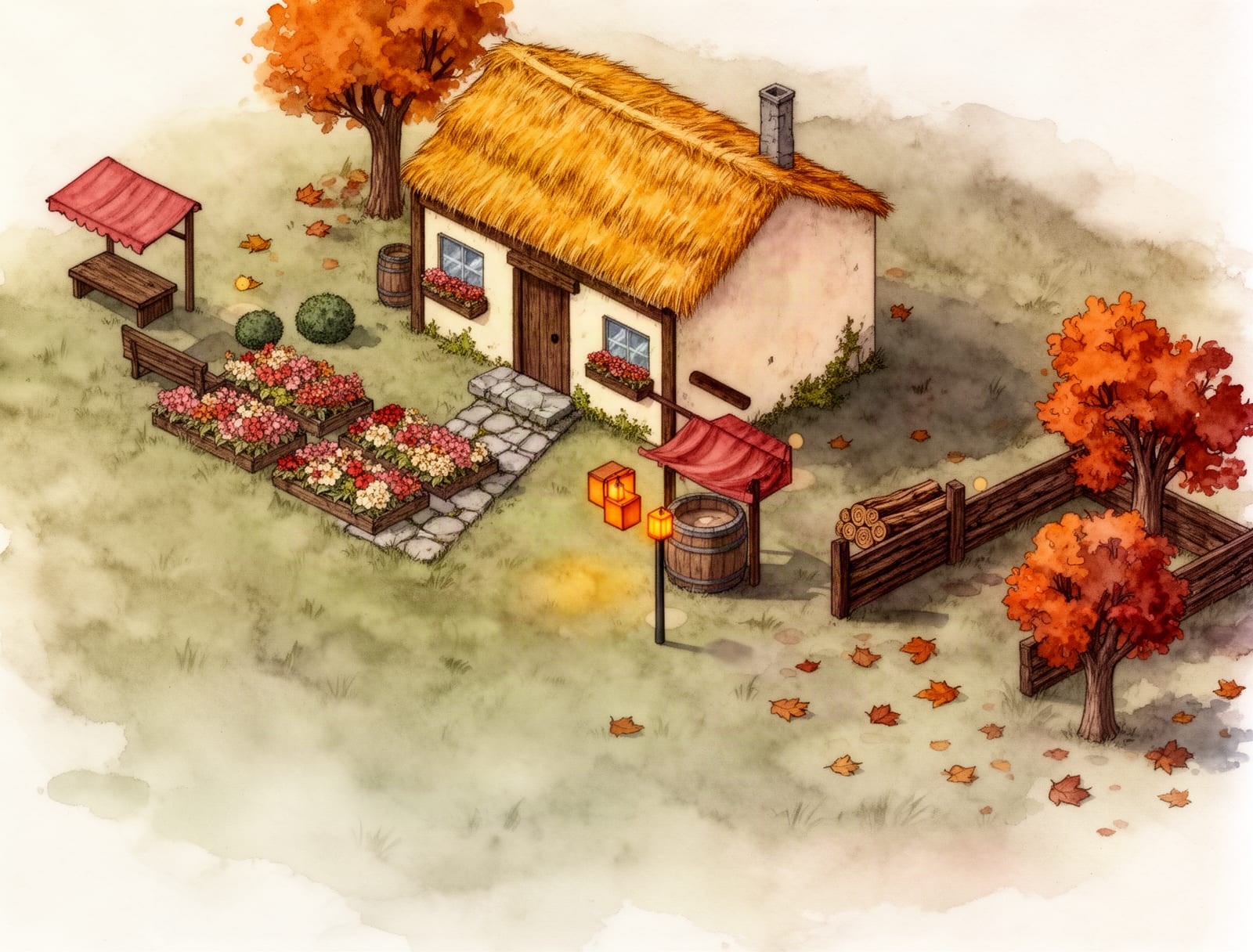 Watercolor Autumn Village