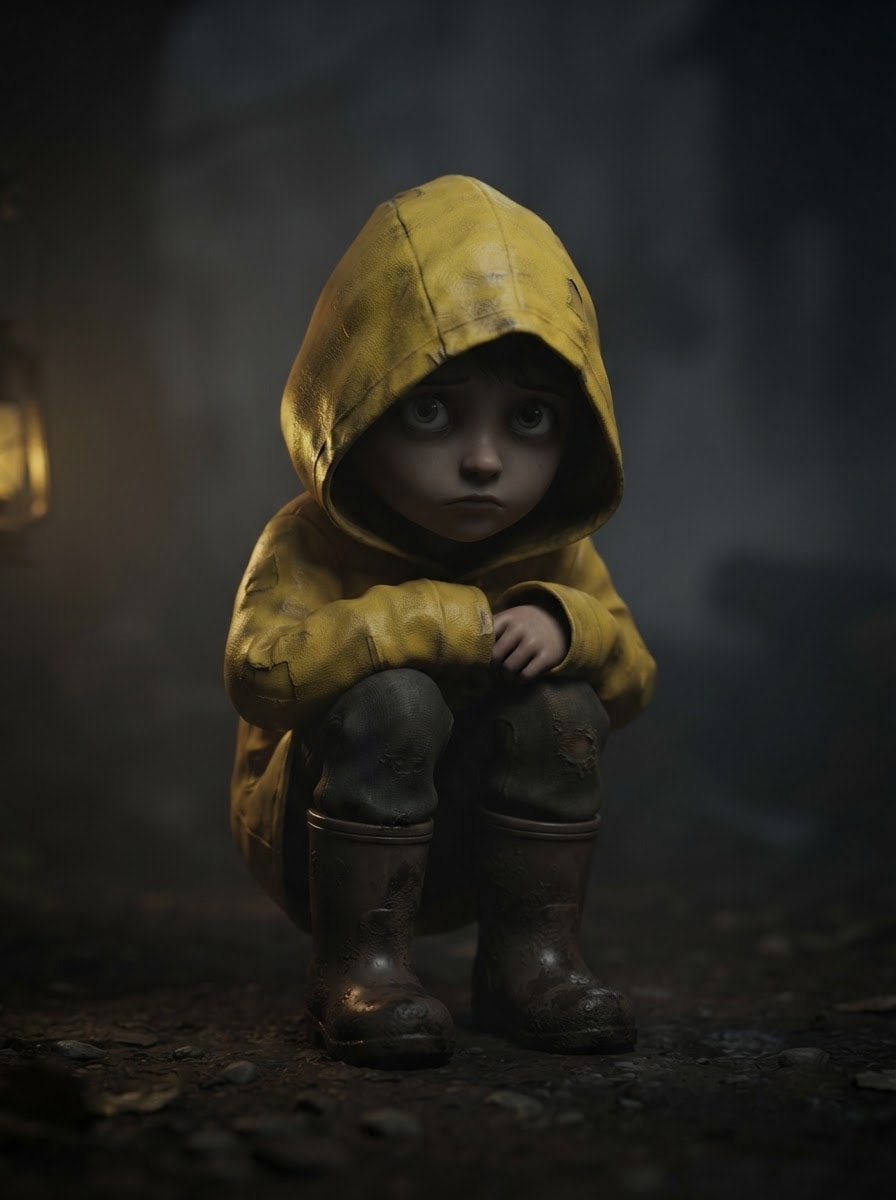 A crouching child in a raincoat
