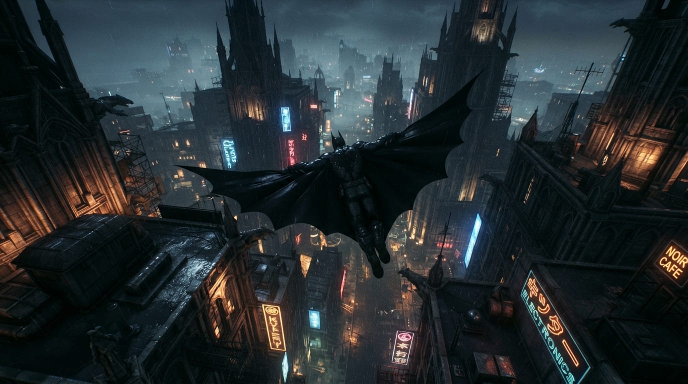 Glide across rooftops at night