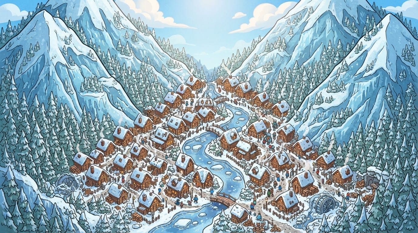 Vale entre montanhas nevadas
