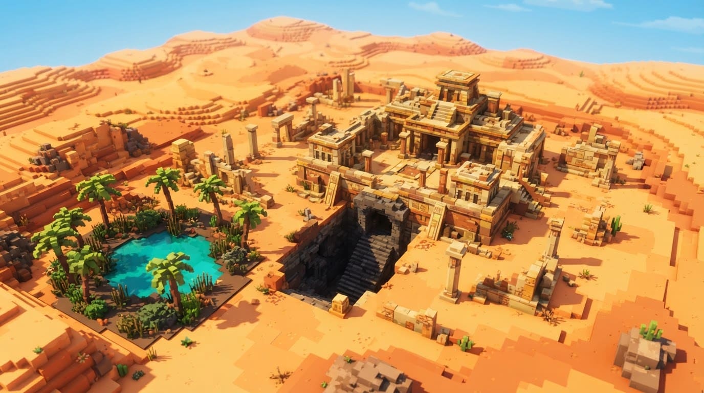 Deserto com templo e oásis
