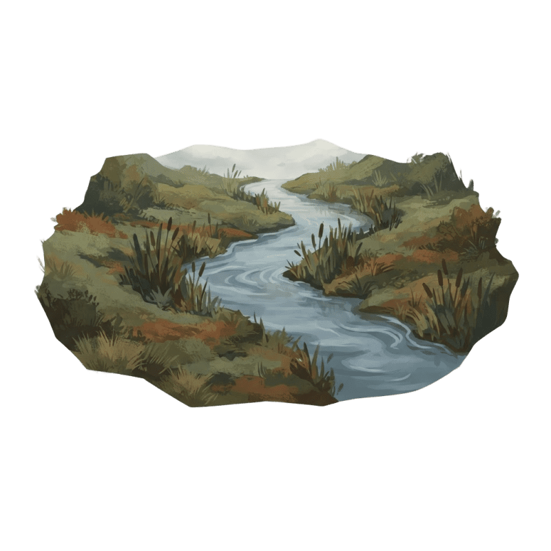 Image: A narrow river cutting across open ground, seen fr