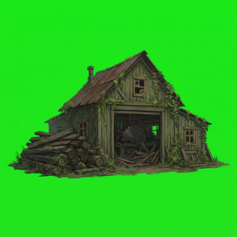 Image: An abandoned timber sawmill building, weathered wo
