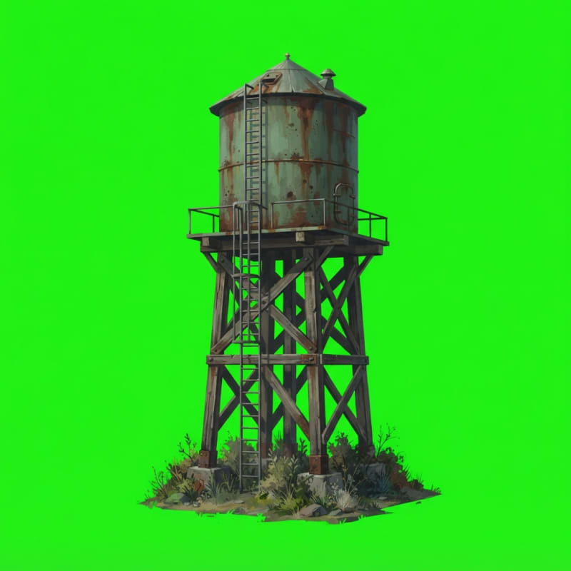 Image: An old elevated water tower, a large rusted metal 