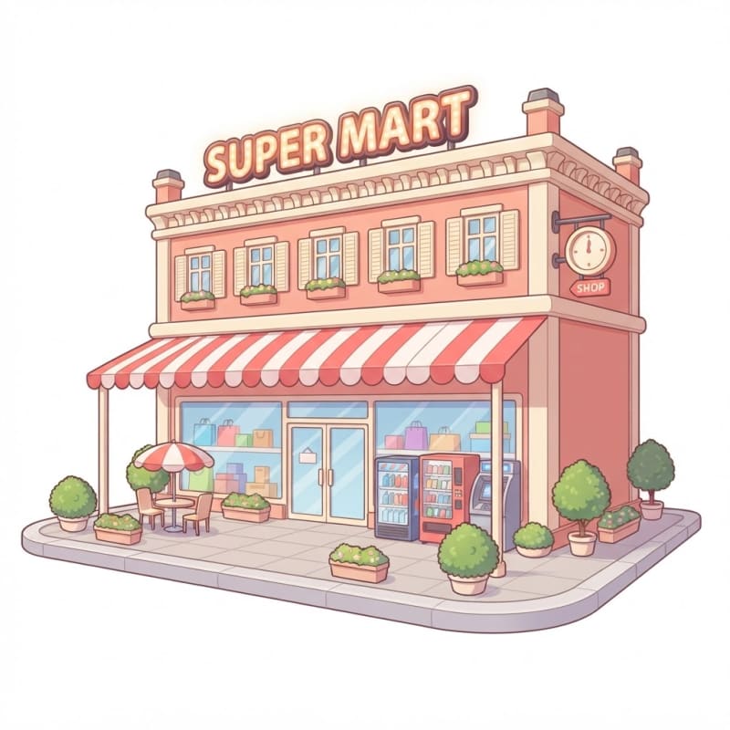 Image: A large modern flagship cartoon convenience store,
