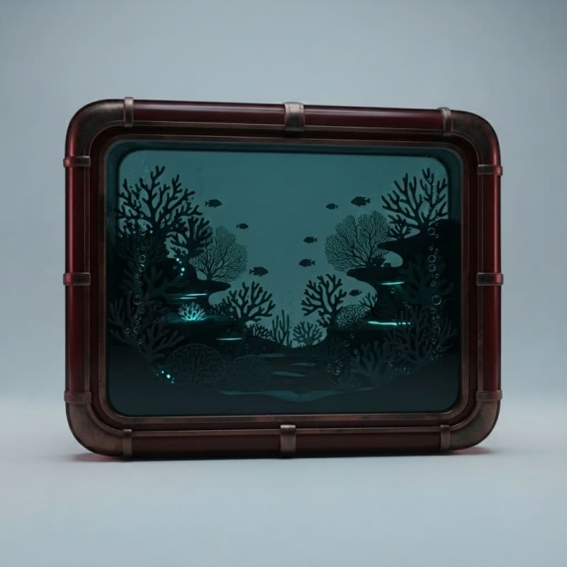 A single sealed panoramic reef display window for a premium underwater-inspired lounge, target size 4.4 meters wide by 4.2 meters high by 0.65 meters deep. Deep