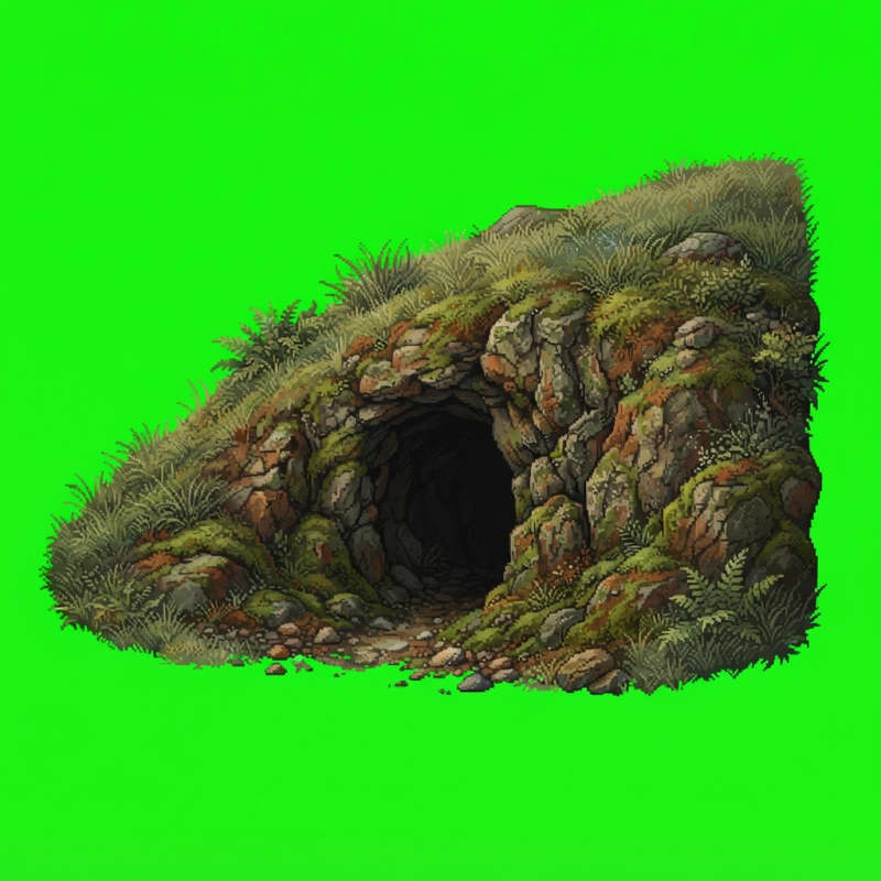 Image: Small rocky cave entrance set into a grassy hillsi