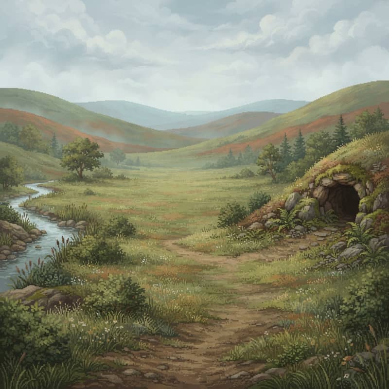 Image: Gentle grassy hillsides set well back on either si
