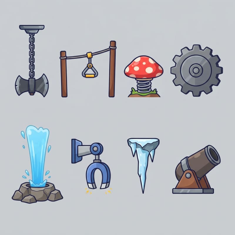 Image: A sheet of eight 2D platformer game OBJECTS, no ch