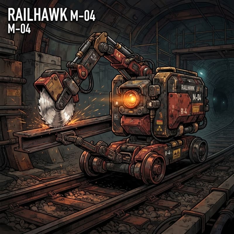 Image: Industrial rail saw-drone, boxy chassis, articulat
