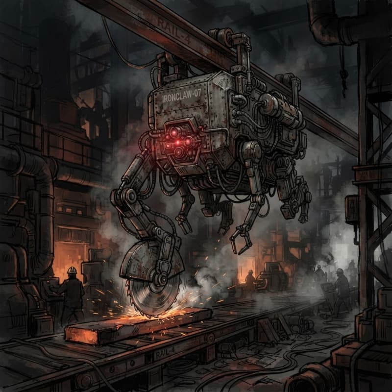 Image: Rust-scarred industrial saw drone on rails in a da