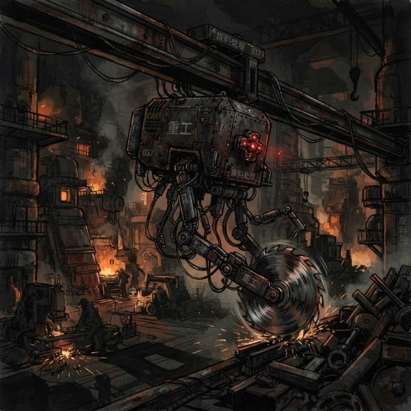 Image: Rust-scarred industrial saw drone on rails in a da