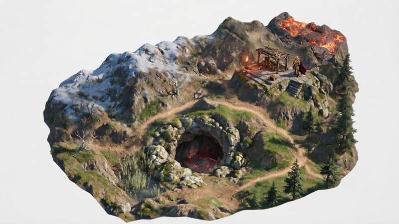 建立一個 3D 等距視角場景，攝影機角度類似暗黑破壞神（約 45 度俯視），安裝 Terrain3D 插件，雕刻一個中型地下城/荒野地形