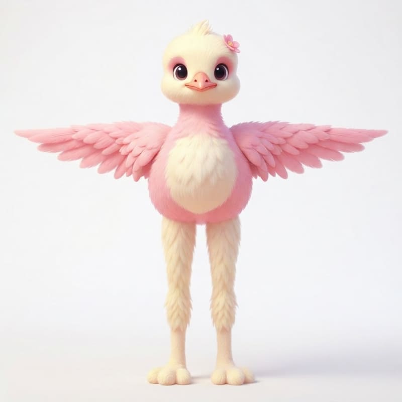 Full-body cute feminine baby emu chick standing upright facing the viewer, on a plain solid white background, no text, no watermark, no ground shadow. Soft past