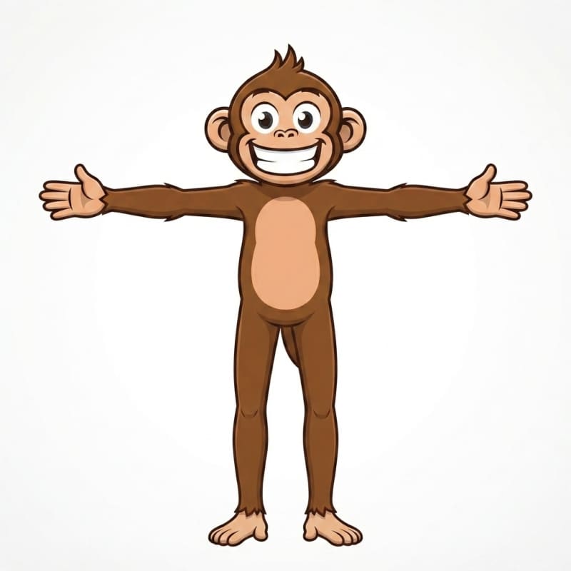 Edit this exact cartoon monkey. Raise BOTH arms up reaching toward the upper-right for a vine, and tuck the body slightly. Keep the same character: same face, s