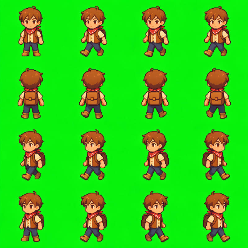 Protagonista Joven Aventurero Pixel Art Sprite Sheet 16 Frames