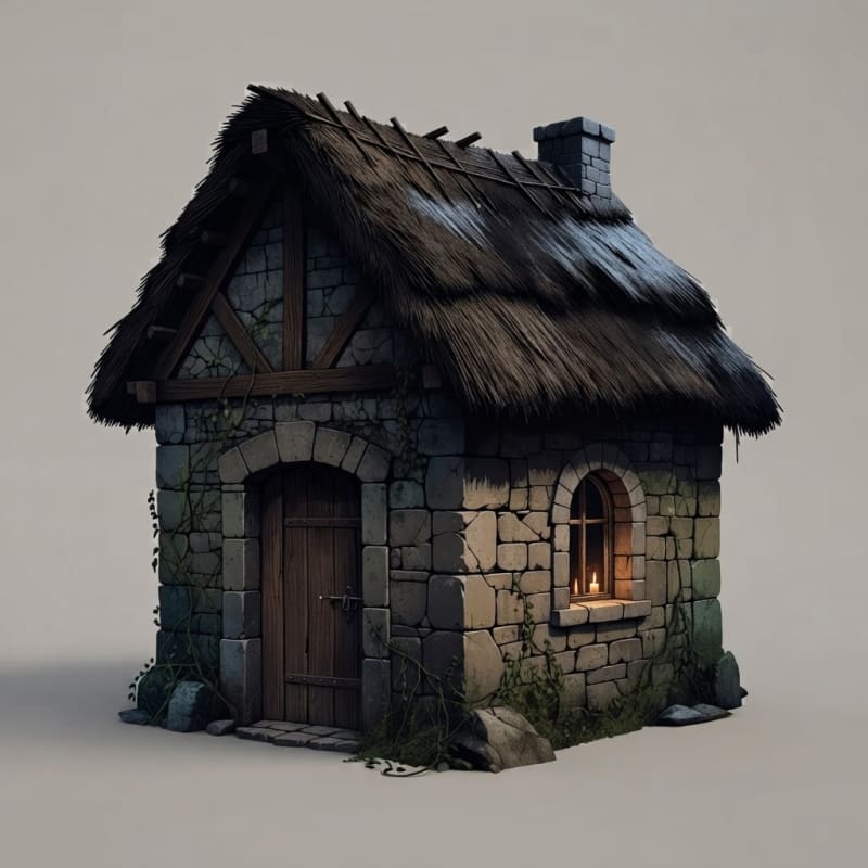 A small medieval stone cottage with a dark thatched roof, heavy wooden door, single arched window with dim candlelight glow, cracked stone walls covered in cree