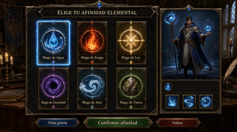 B - Pantalla de selección elemental