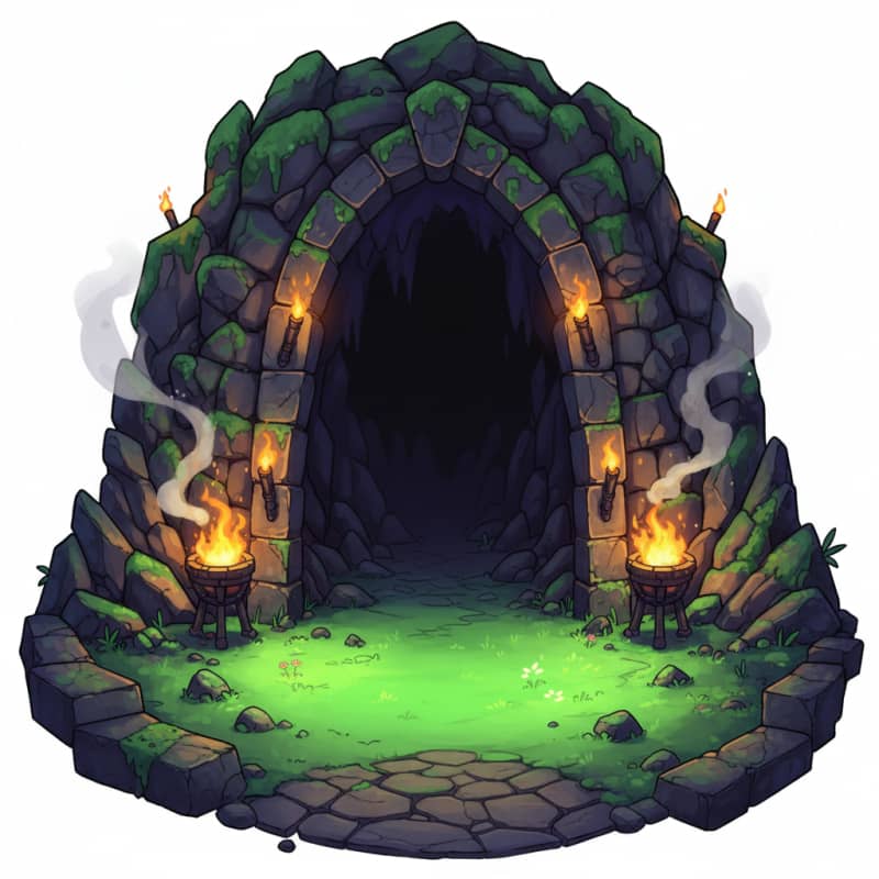 Image: Dark fantasy dungeon entrance wide background, sto
