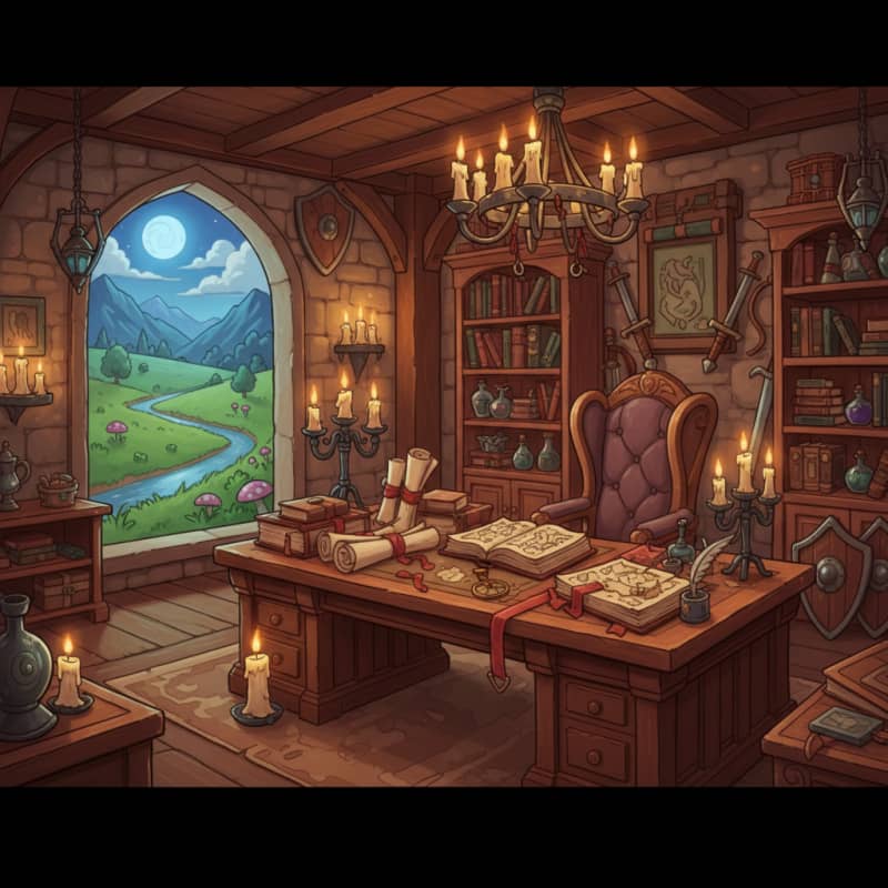 Image: Fantasy guild office interior wide background, woo