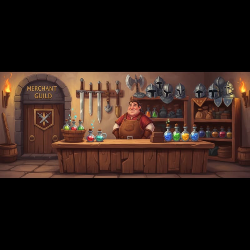 Image: Fantasy item shop counter banner, weapons armor po