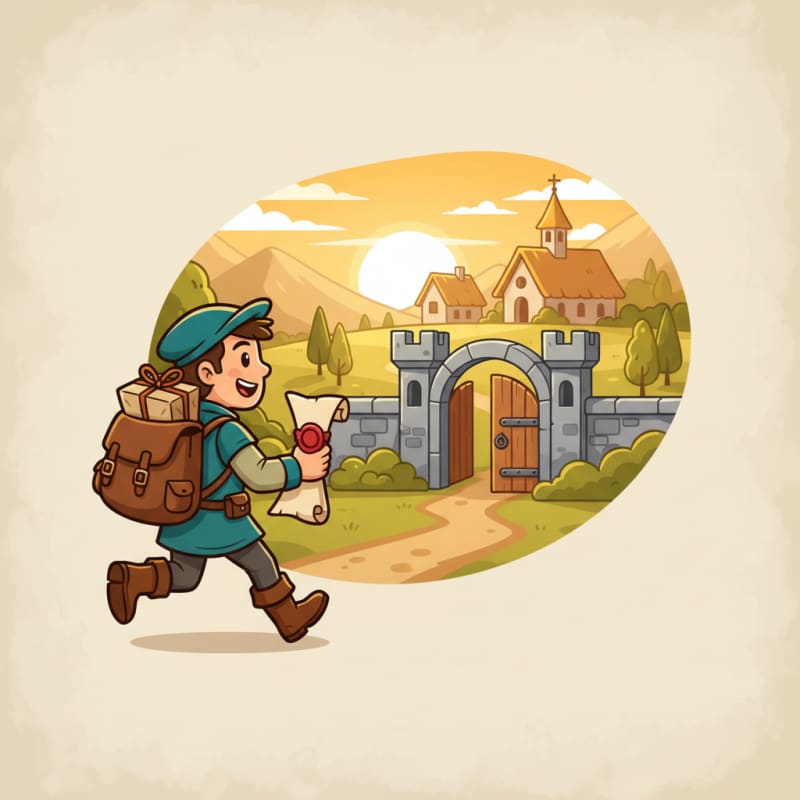 Image: Cartoon fantasy medieval quest icon, courier with 