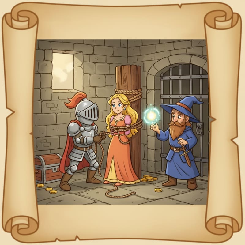 Image: Cartoon fantasy medieval quest icon, heroes rescui