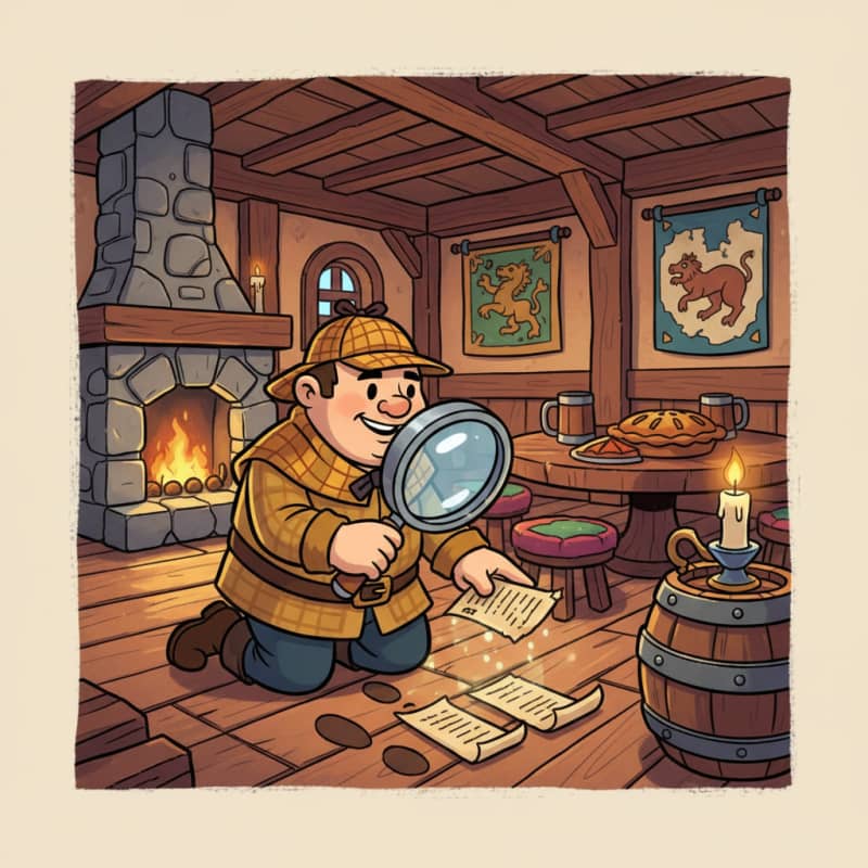 Image: Cartoon fantasy medieval quest icon, detective wit