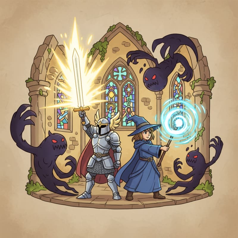 Image: Cartoon fantasy medieval quest icon, paladin and m