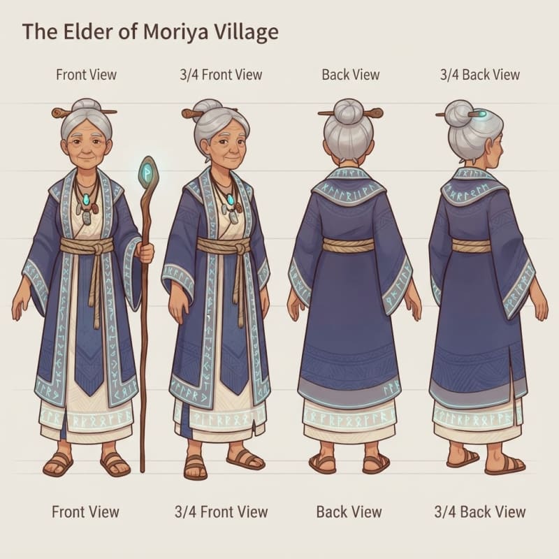 Image: Full-body character turnaround reference of "The E