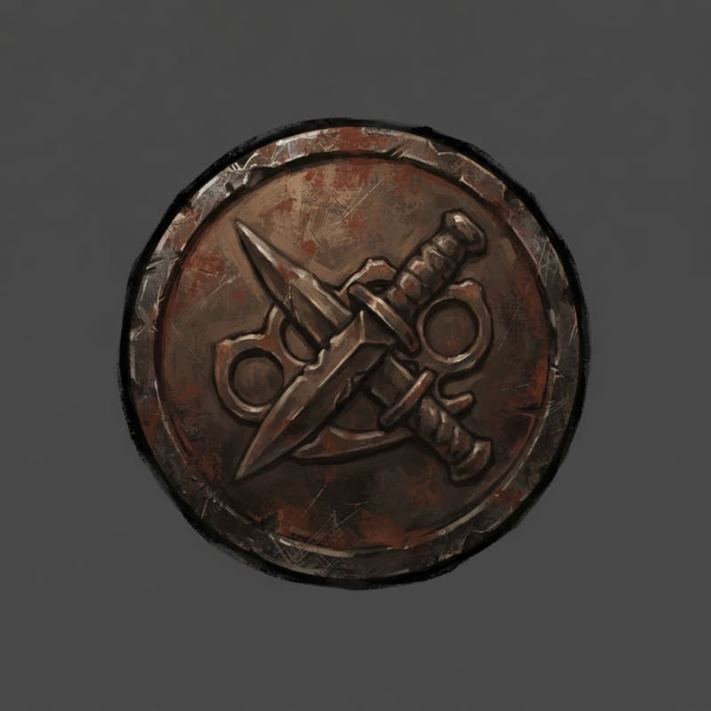 Image: Hand-painted circular skill-tree icon, a weathered