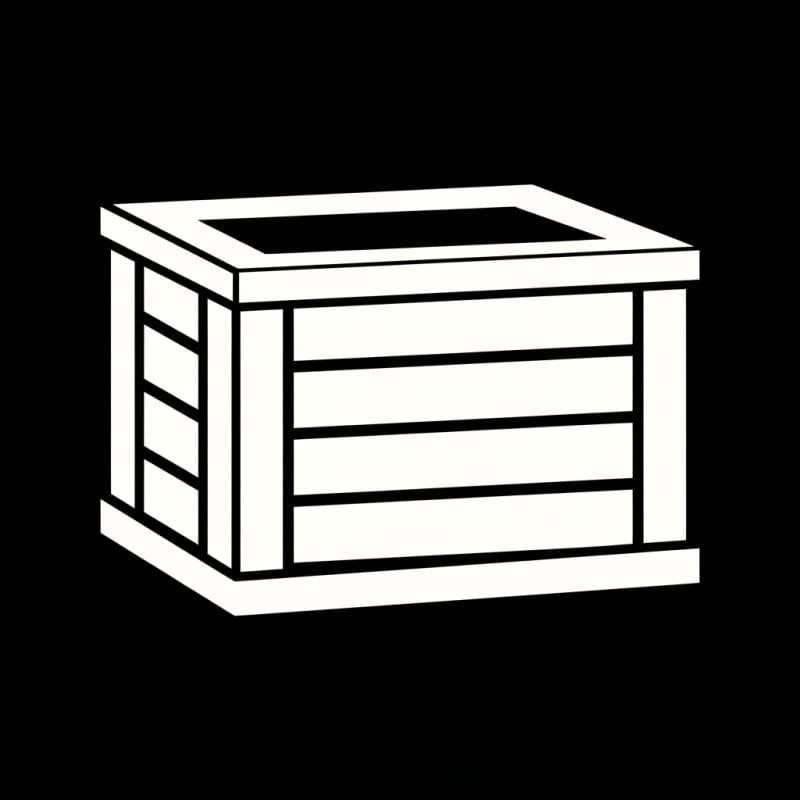Image: a simple wooden crate with visible slats, flat sol