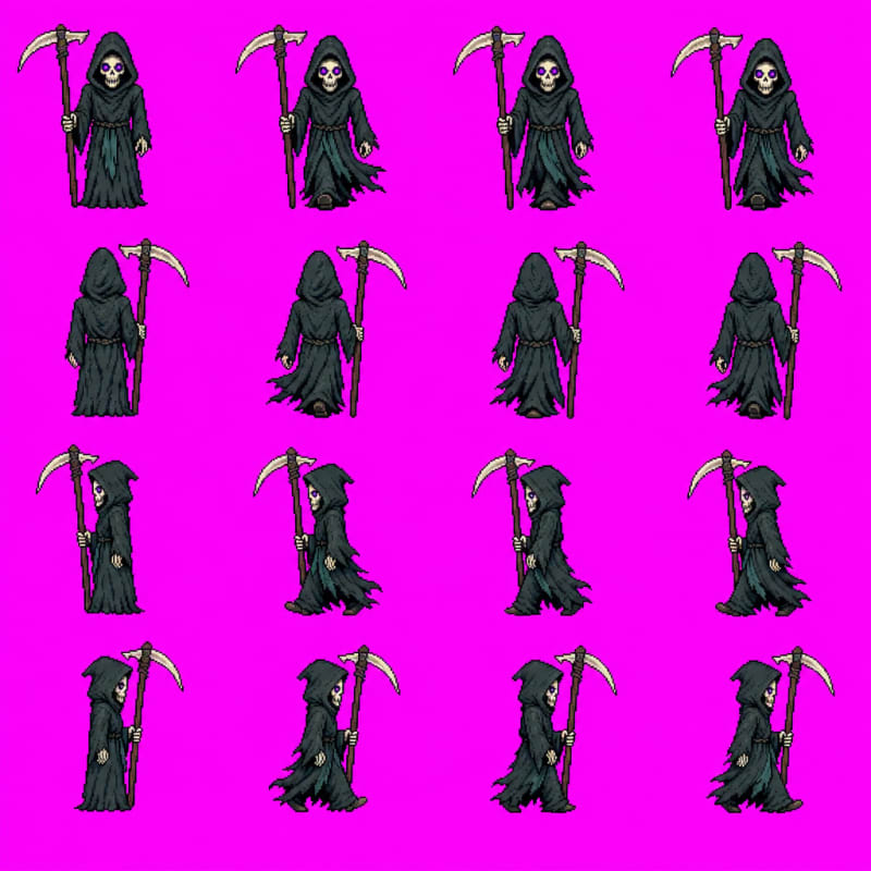 Reaper top-down 4x4 keyed sheet (idle + walk)