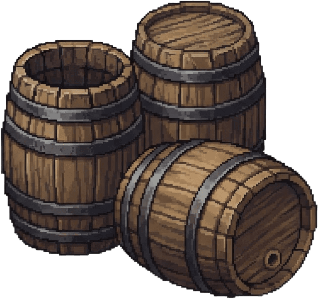 Image: A cluster of wooden barrels, isometric pixel art g