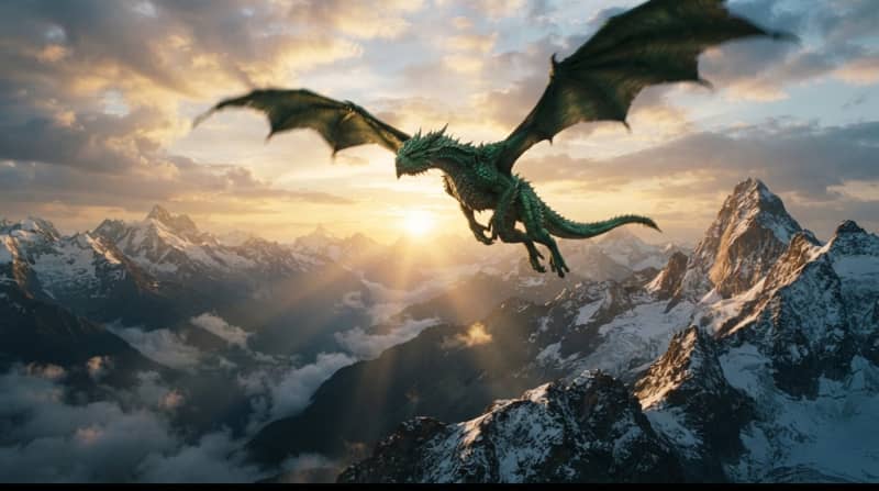 Dragon over snowy mountains