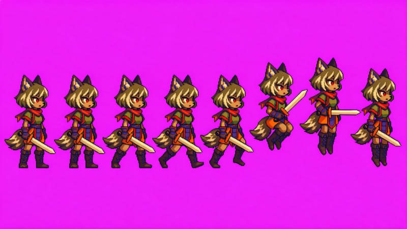 Pixel Wolf-Girl Warrior Sprite Sheet