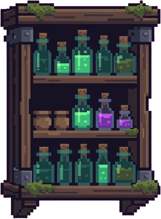 Wooden Wall Shelf with Potion Bottles