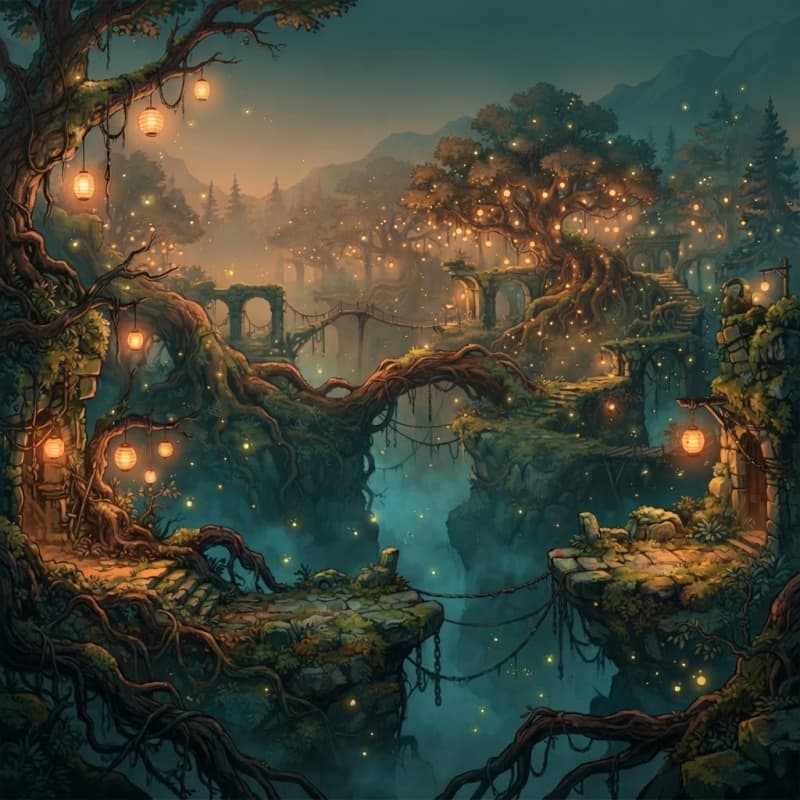 Image: The Lantern Woods at dusk as a wide 2D platformer 