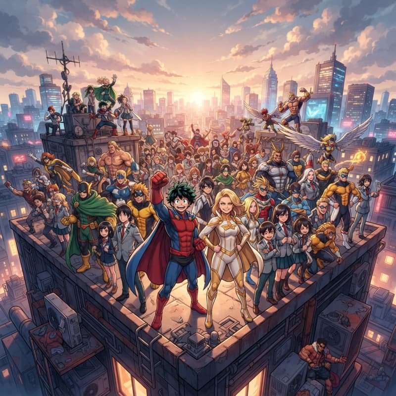 Image: Widescreen anime movie key visual: a huge ensemble