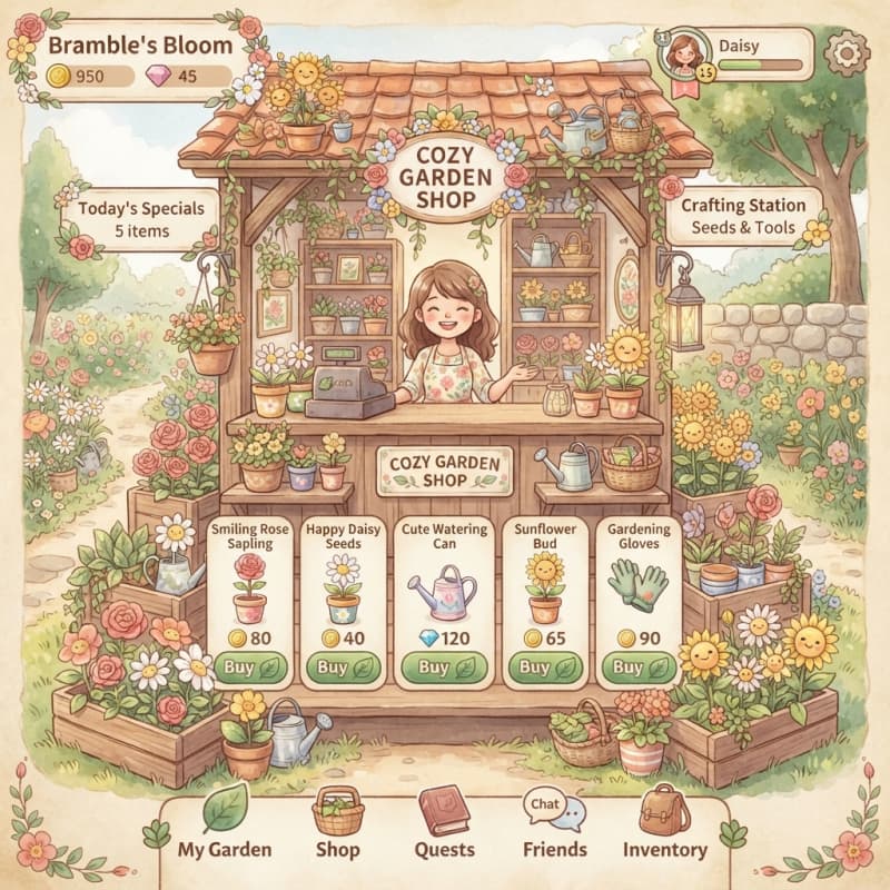 Image: Cute cozy garden shop screen, pastel watercolor st