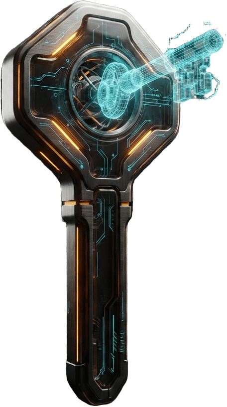 Image: single quantum skeleton key artifact, cyan wirefra