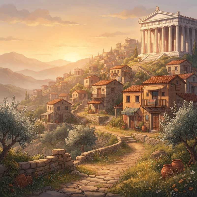 Image: 2D side-scrolling game background, ancient Greek v